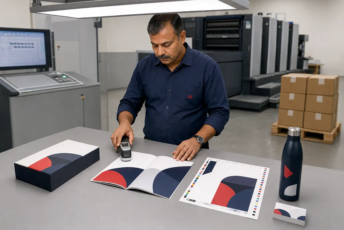 Quality check of printed brochures and packaging before dispatch