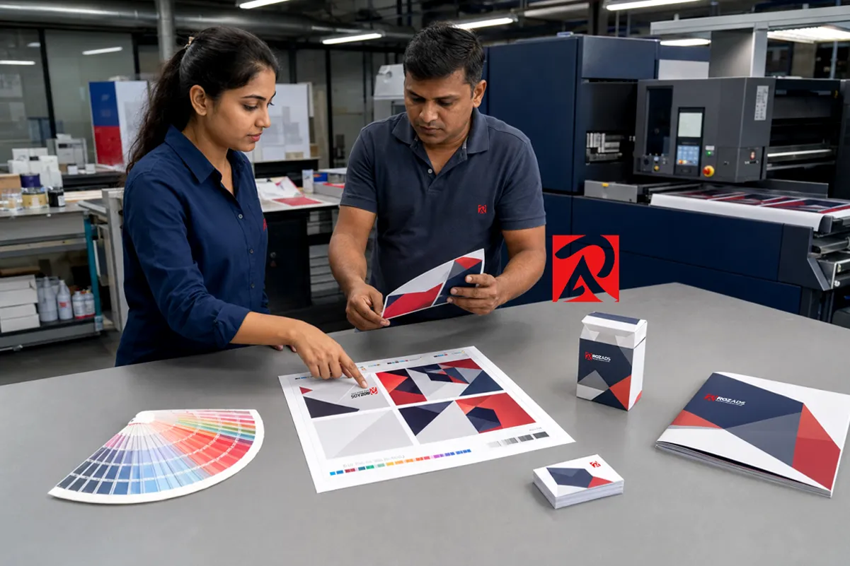 Designers checking print colours with a colour swatch and printed proofs