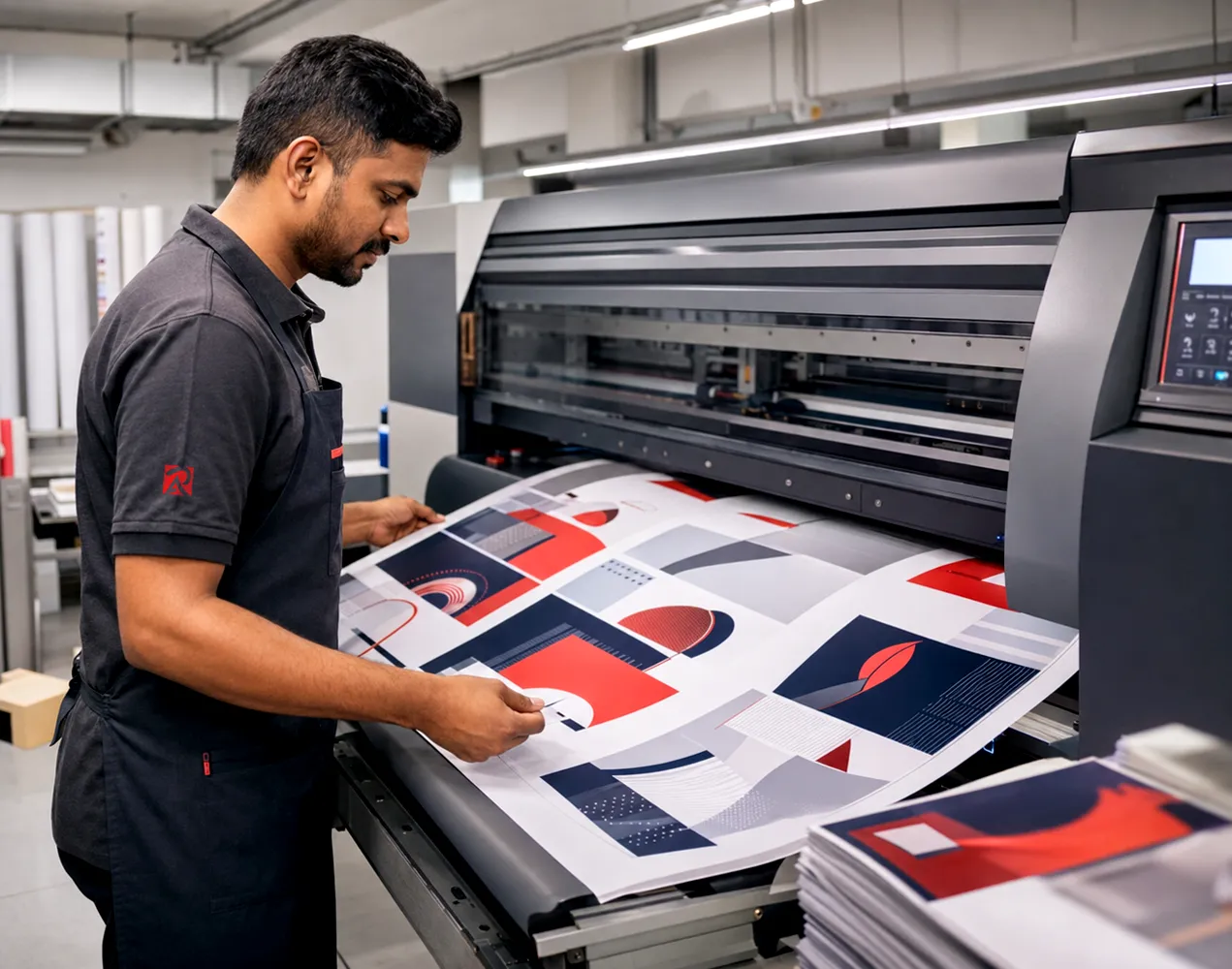 Roz Ads technician checking a large-format print on a printing machine