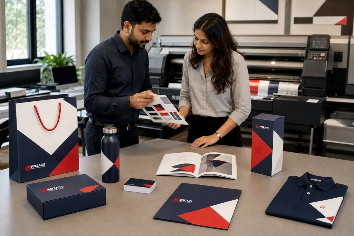 Roz Ads team reviewing branded print samples – bags, boxes, bottles and polo shirts