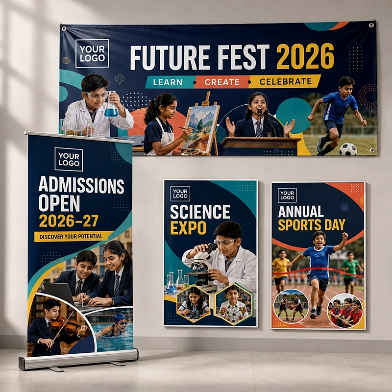 Printed school event banners, roll-up standee and posters for admissions and sports day