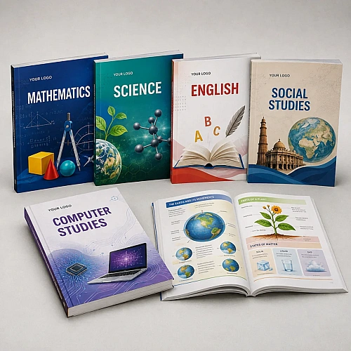 Printed school textbooks for mathematics, science, English and social studies