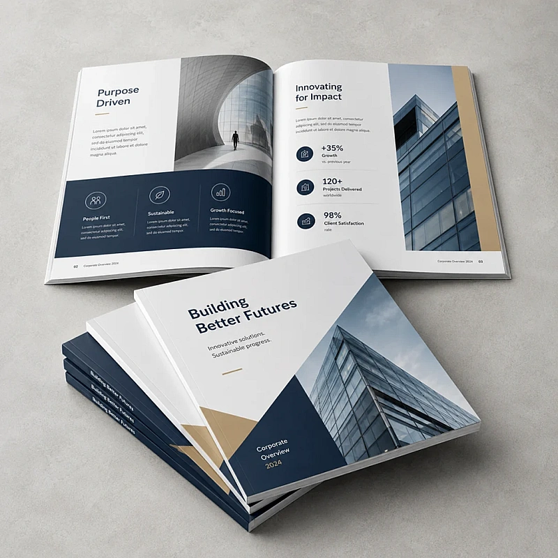 Printed corporate booklets showing cover and full-colour inner pages