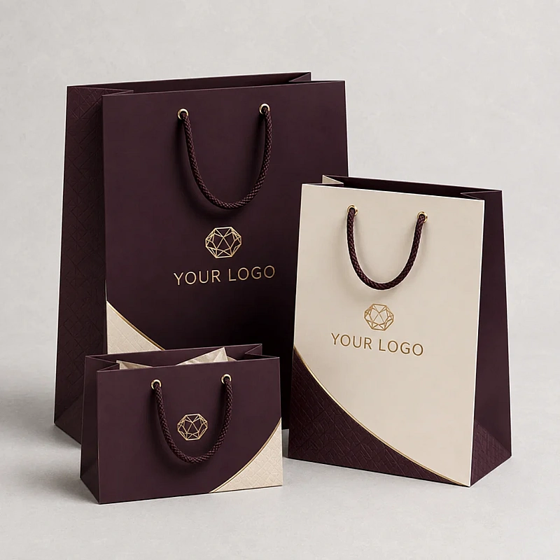 Printed paper carry bags with rope handles and an embossed logo in two colours