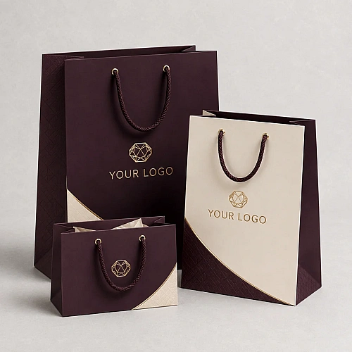 Printed paper carry bags with rope handles and an embossed logo in two colours