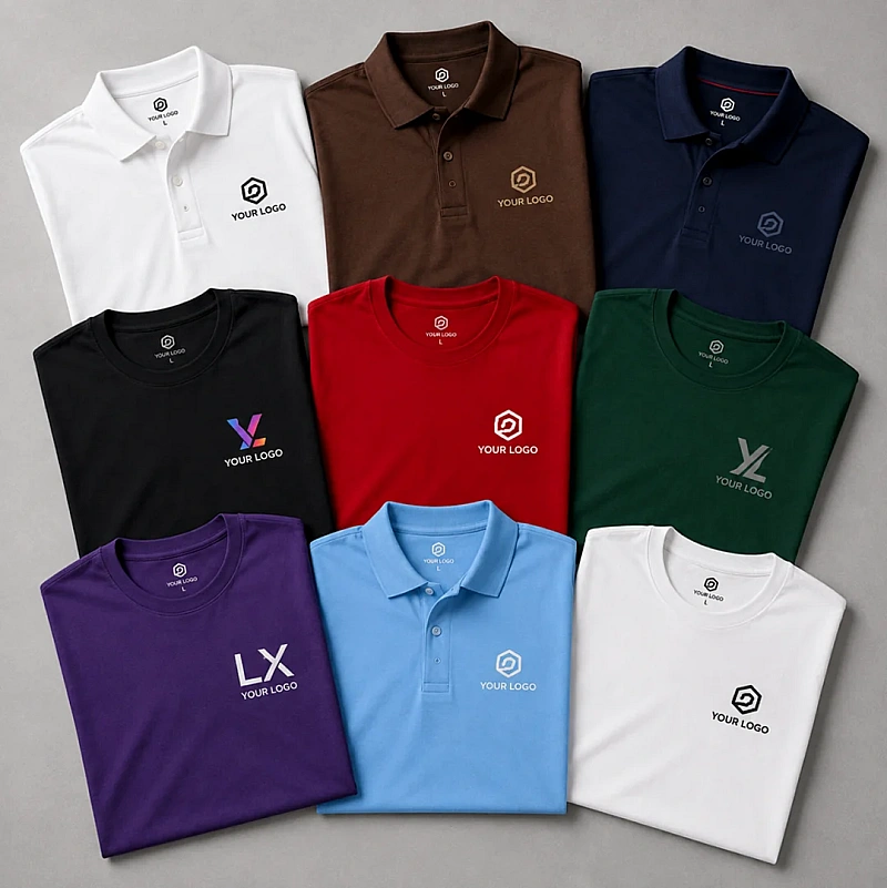 Custom printed polo and round-neck T-shirts in different colours with company logos