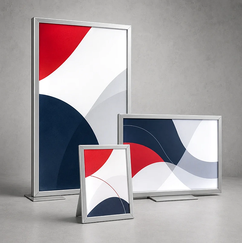 Digitally printed framed displays in different sizes on stands