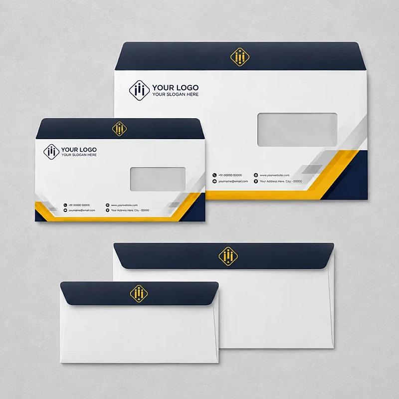 Printed business envelopes with company logo, including window and plain envelopes