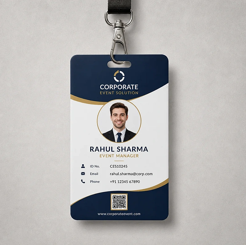 Printed PVC employee ID card with photo, QR code and lanyard