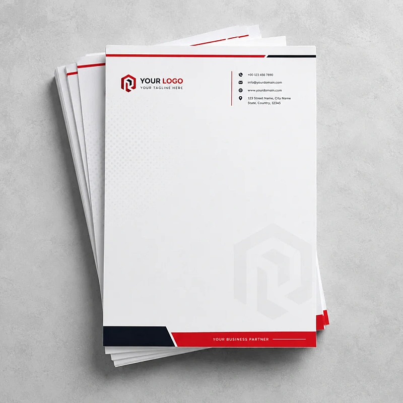 Stack of printed A4 company letterheads with logo and contact details