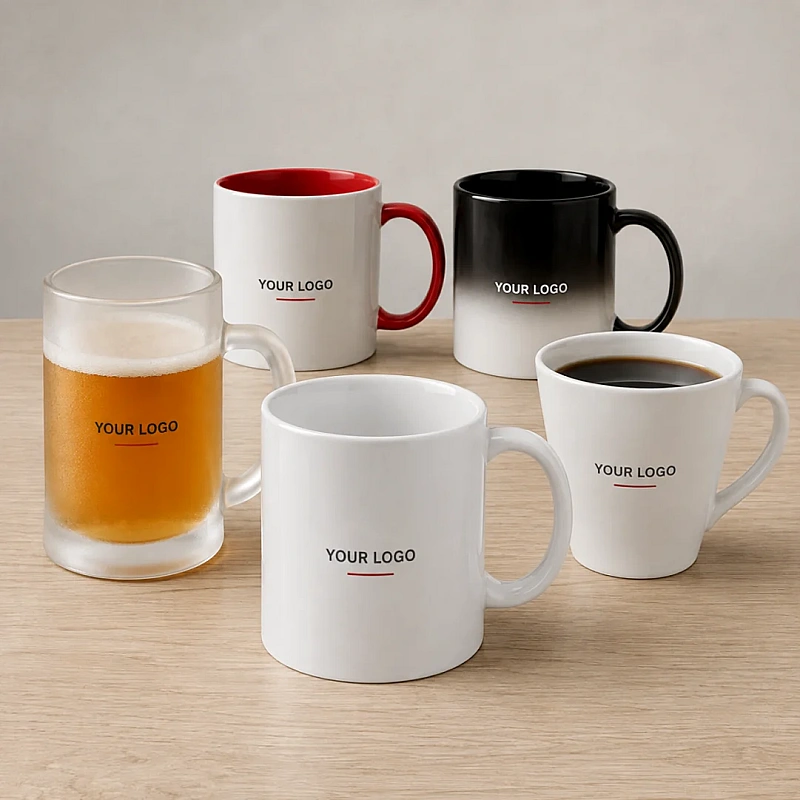 Custom printed coffee mugs, two-tone mugs and a glass beer mug with logo
