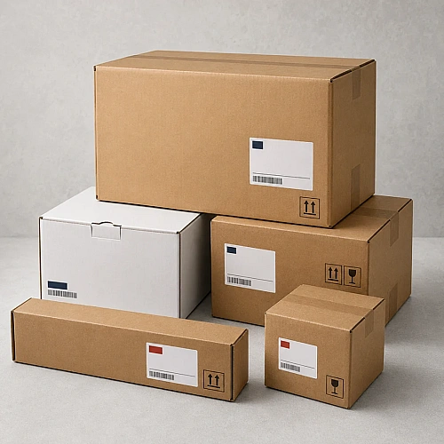 Printed corrugated shipping boxes and white mono cartons with labels
