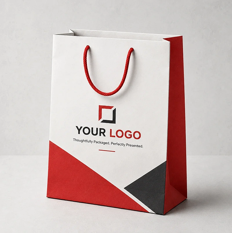 White custom printed paper bag with red rope handles and brand logo