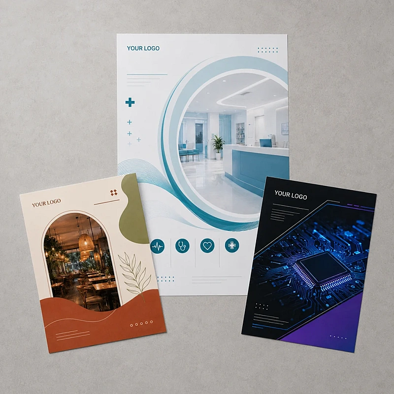 Printed promotional posters for a clinic, restaurant and technology brand