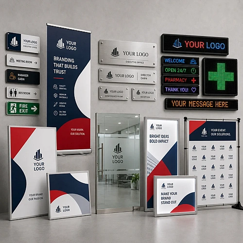 Office and shop signage including name plates, LED signs, safety signs and standees