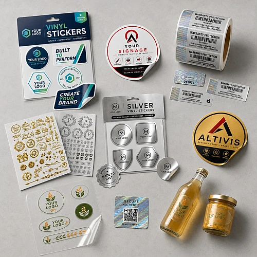 Custom vinyl, silver, hologram and product label stickers with logos