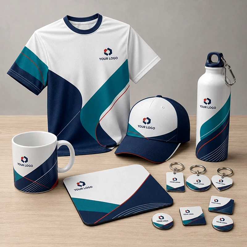 Sublimation printed jersey, cap, mug, bottle, mouse pad and keychains with one brand design