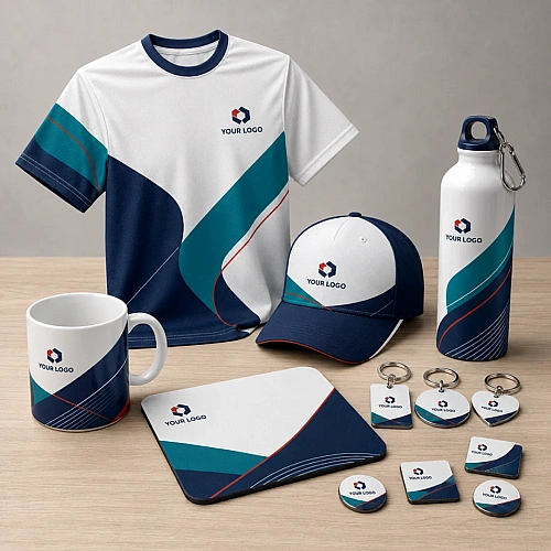 Sublimation printed jersey, cap, mug, bottle, mouse pad and keychains with one brand design