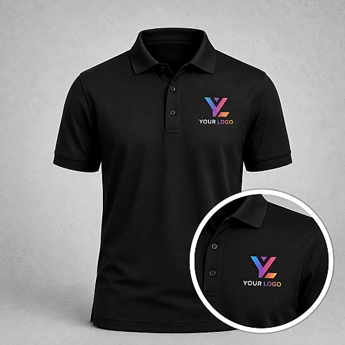 Black polo T-shirt printed with a full-colour company logo on the chest