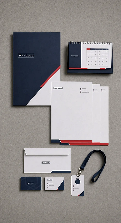 Corporate stationery set – letterheads, envelopes, folder, desk calendar, ID card and business cards