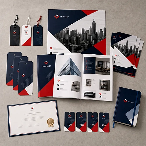Marketing print set – brochure, catalogue, hang tags, certificate, notebook and discount tags