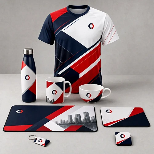 Sublimation printed merchandise – T-shirt, bottle, mugs, mouse pad, coaster and keychain