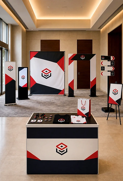 Exhibition stall branding – backdrop, roll-up standees, signage and printed counter