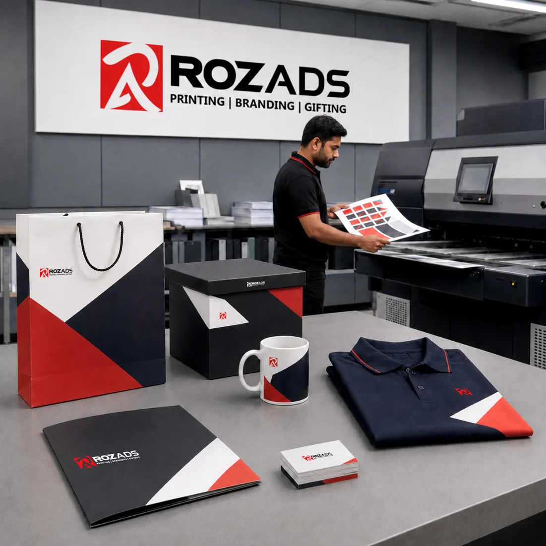 Roz Ads branded paper bag, gift box, mug, polo T-shirt, folder and business cards beside a printing press